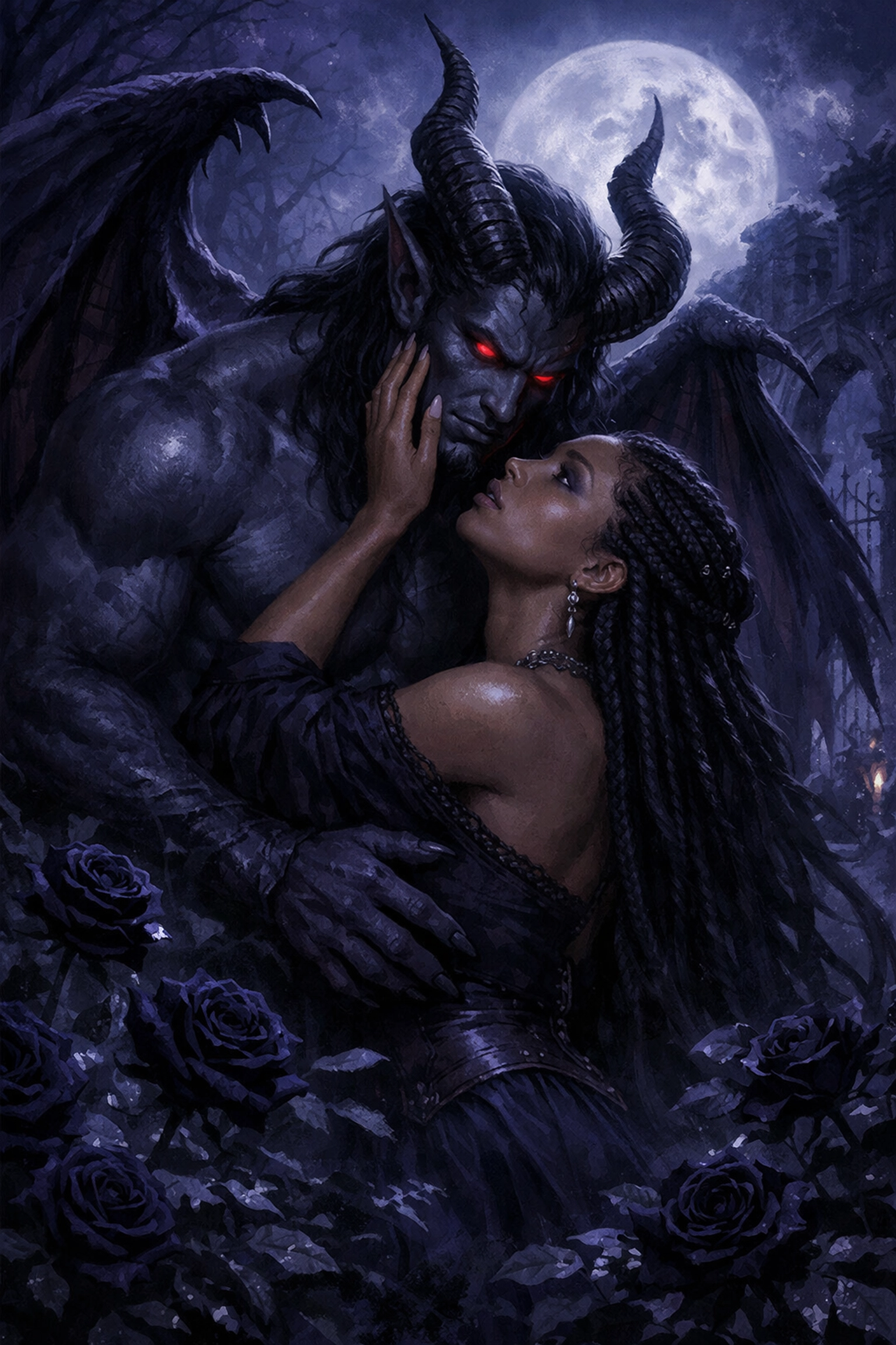 A winged demon hero leaning over an Afro-Latina woman in a moonlit gothic garden with black roses.