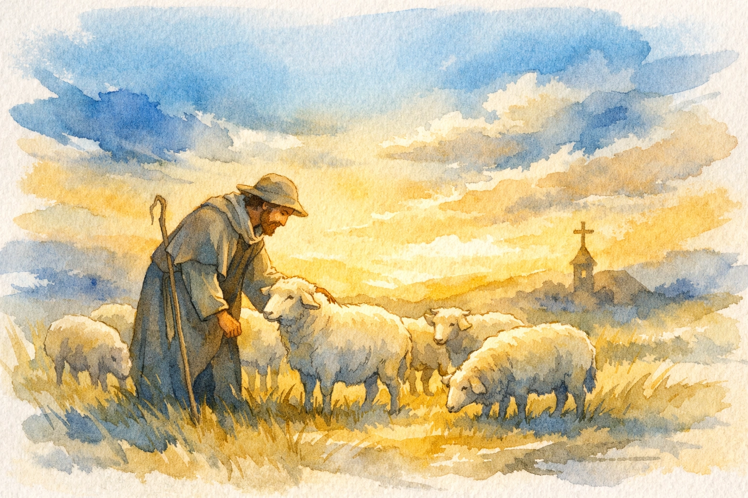 Shepherd gently guiding sheep through a peaceful meadow, symbolizing Christian leadership that creates true belonging
