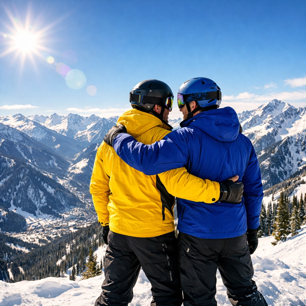 Two gay men in colorful ski gear embracing at the Aspen Mountain summit during Gay Ski Week.
