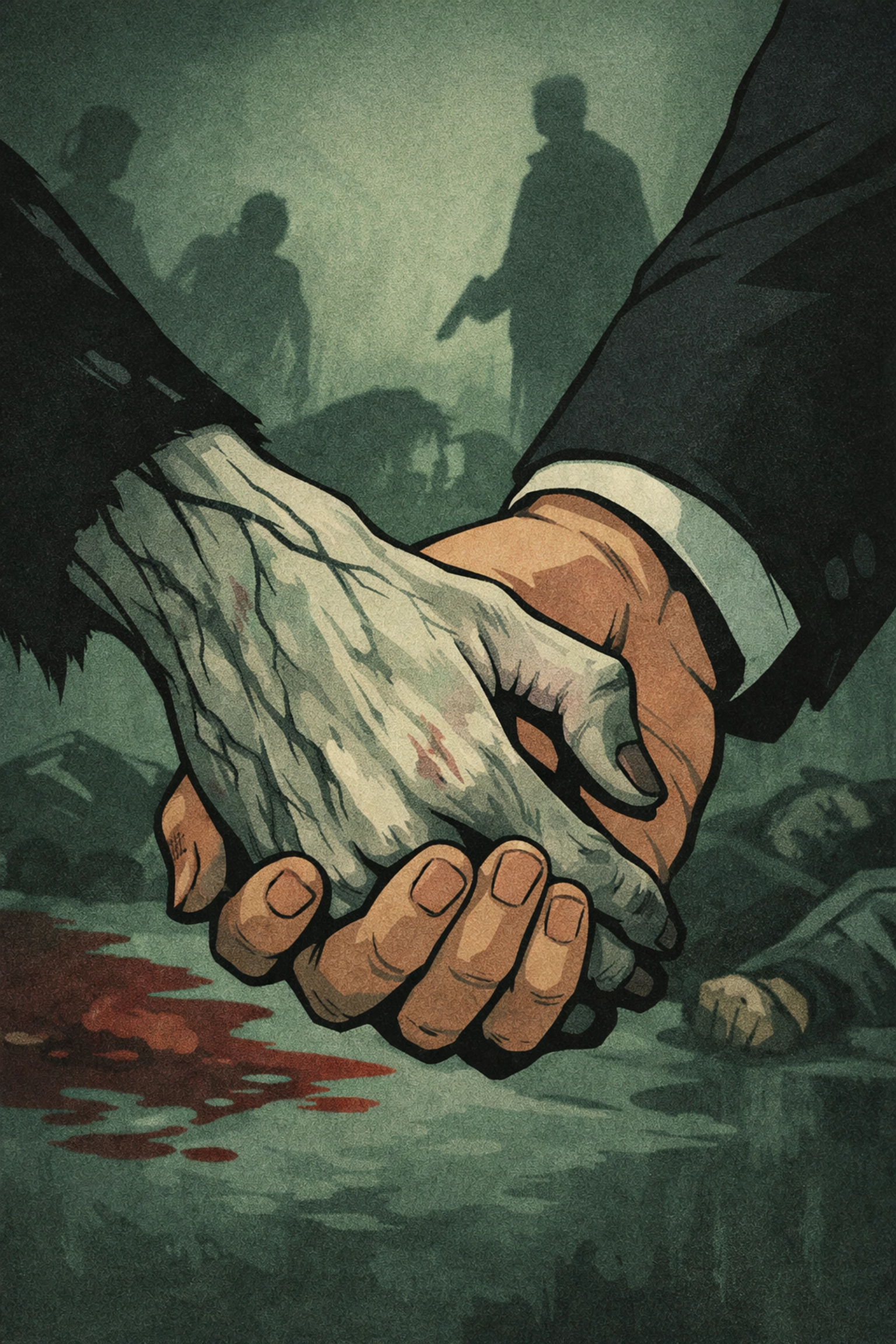 Clasped hands showing decay and death - intimate gay thriller with supernatural elements