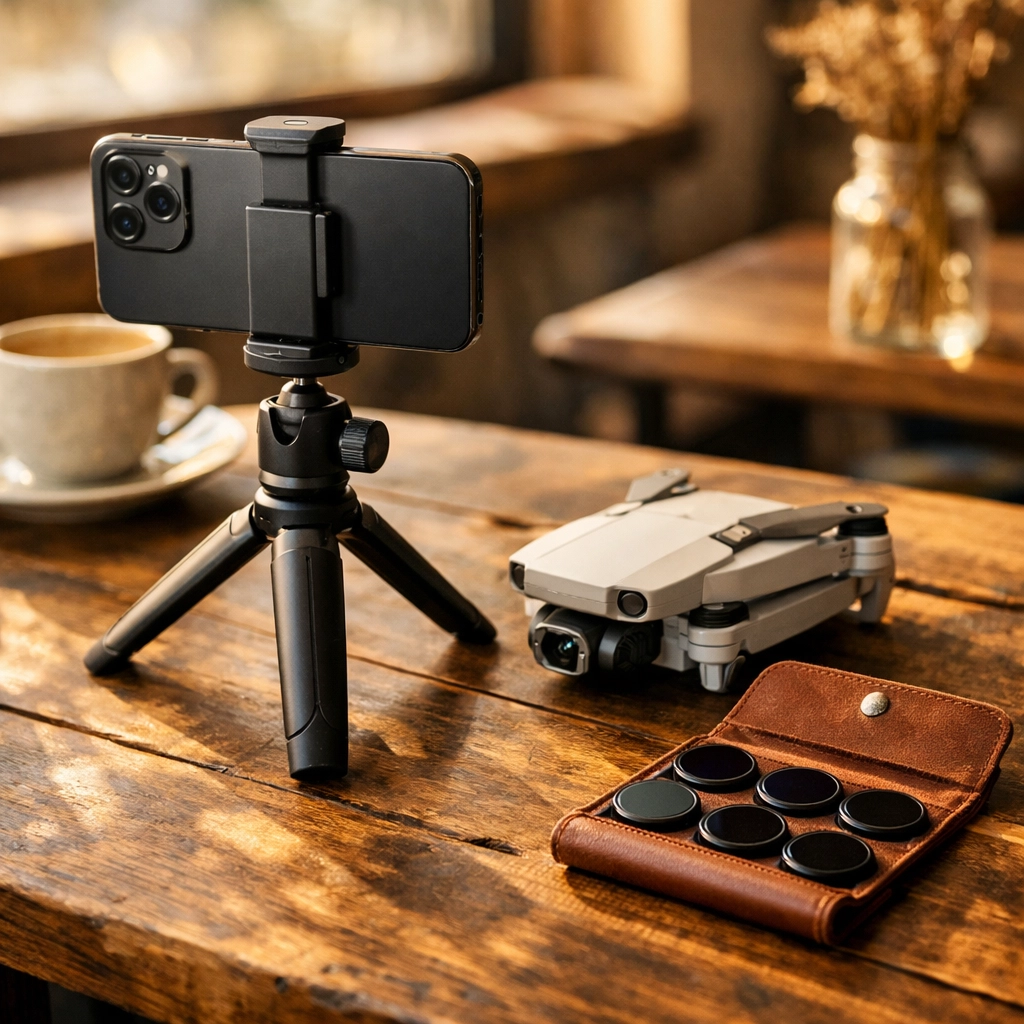 Minimalist gear for travel photography including a smartphone and drone on a wooden cafe table.