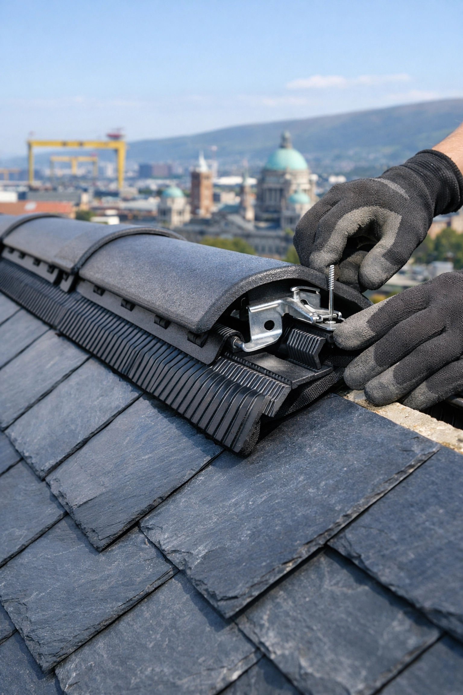 Roofer installing dry ridge system with mechanical fixings on Belfast slate roof