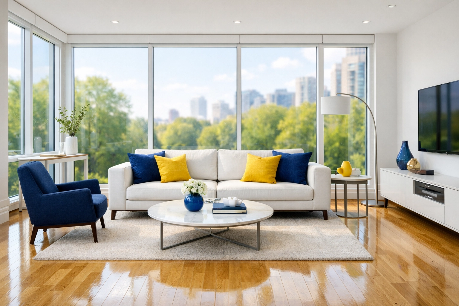 Sun-drenched living room with clean floors after a professional deep cleaning in North Cambridge.