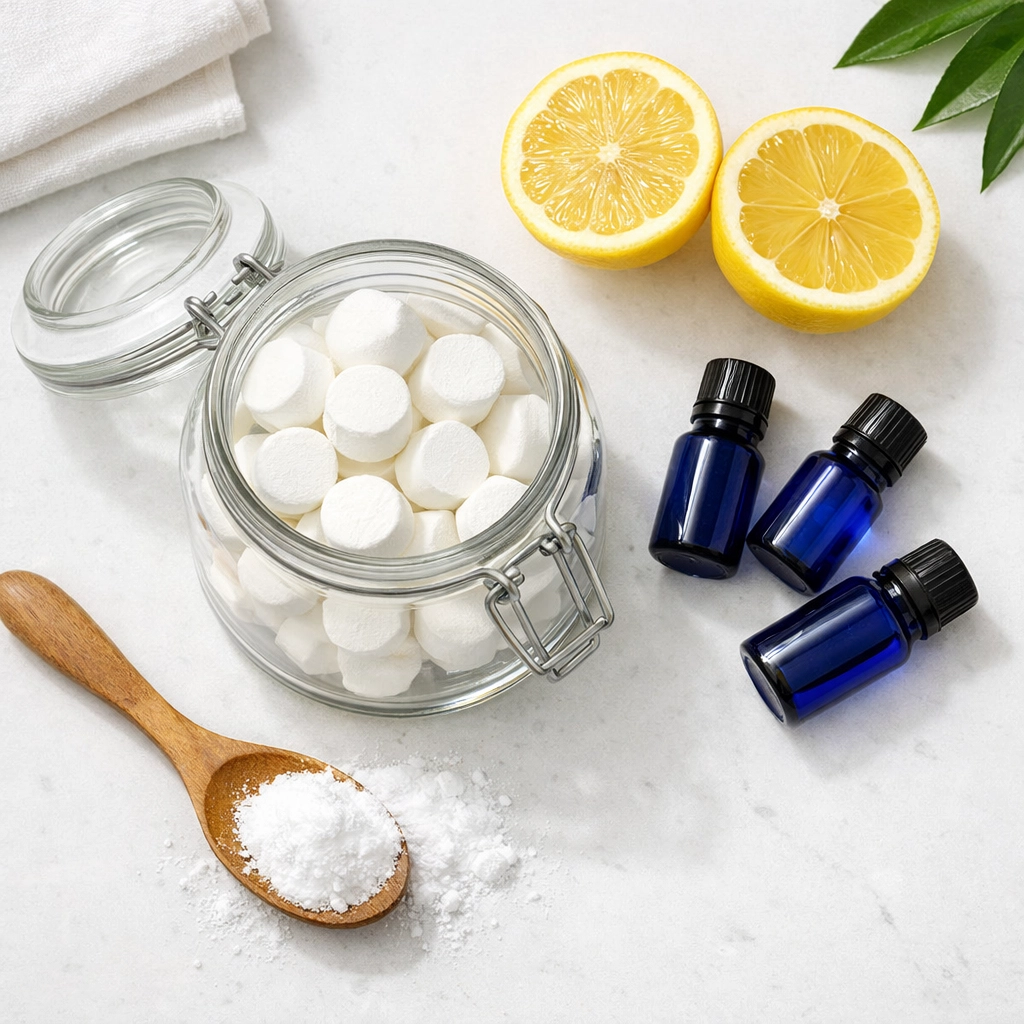 DIY garbage disposal deodorizer tablets with fresh lemons and baking soda on a white quartz countertop.