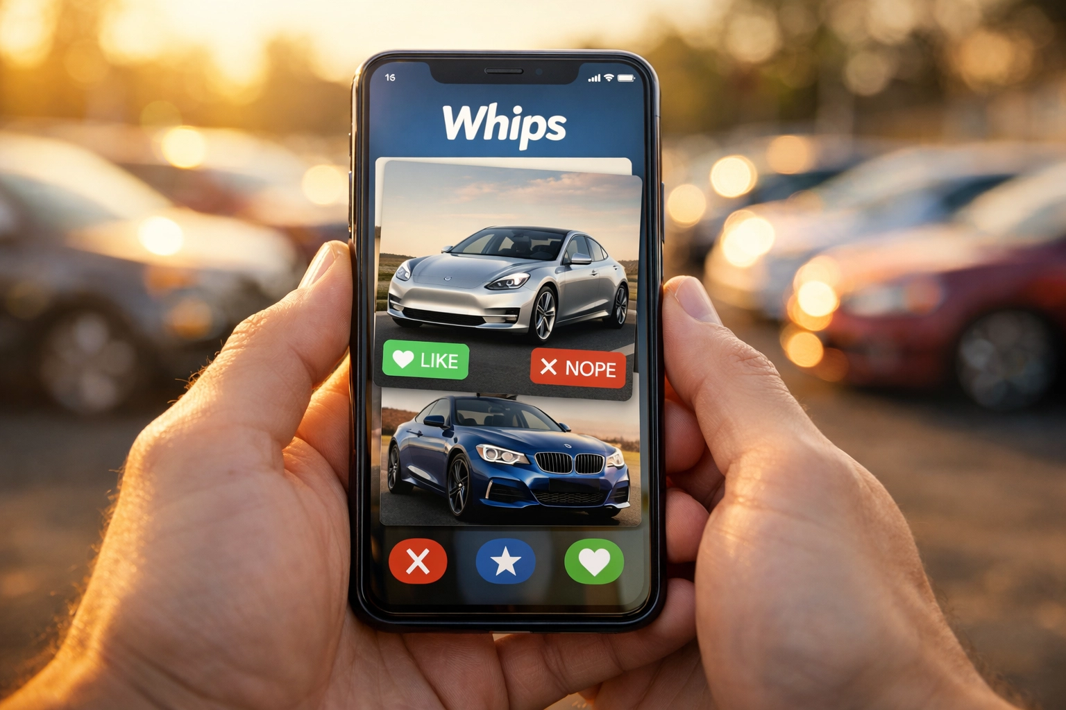 Close-up of hands swiping through cars on mobile car shopping app interface