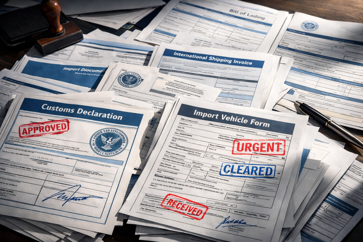 Complex customs documents and vehicle shipping paperwork spread across international port office desk