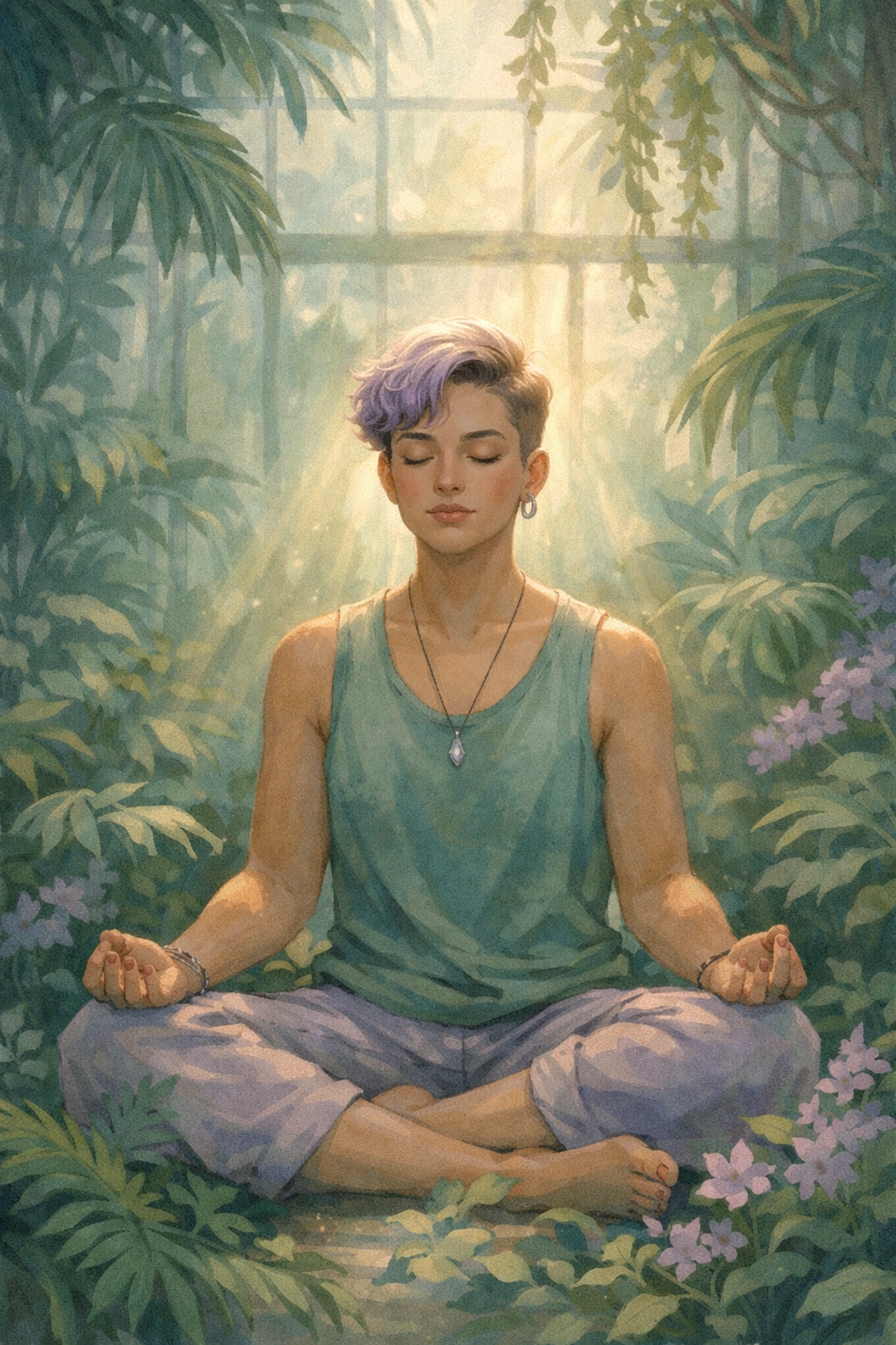 Non-binary person meditating in a peaceful greenhouse, connecting queer identity with mental health and spiritual healing.