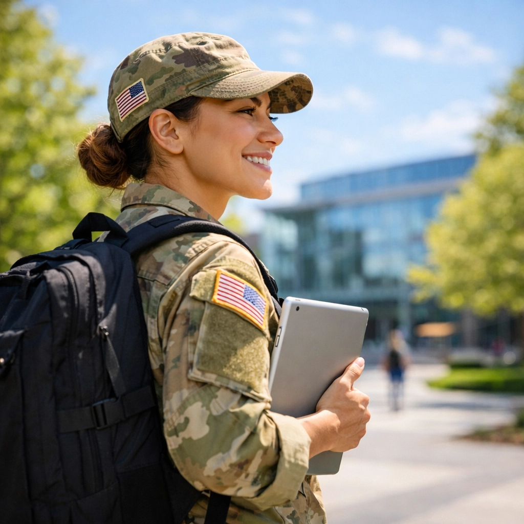 A veteran student walking on a college campus after using test prep to maximize GI Bill benefits. (1x1, center safe zone)
