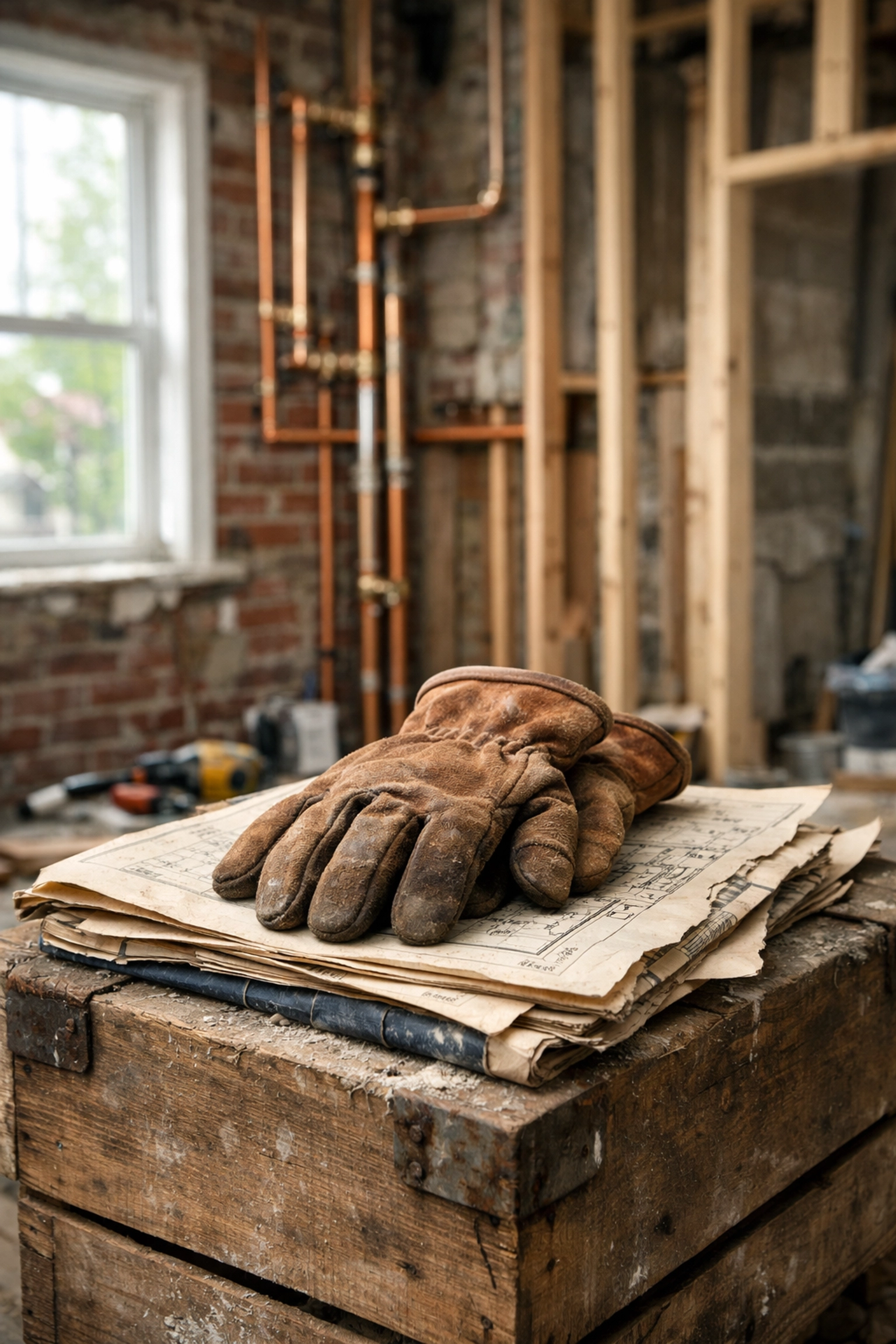 DIY Cleveland fixer-upper renovation project featuring exposed piping and blueprints