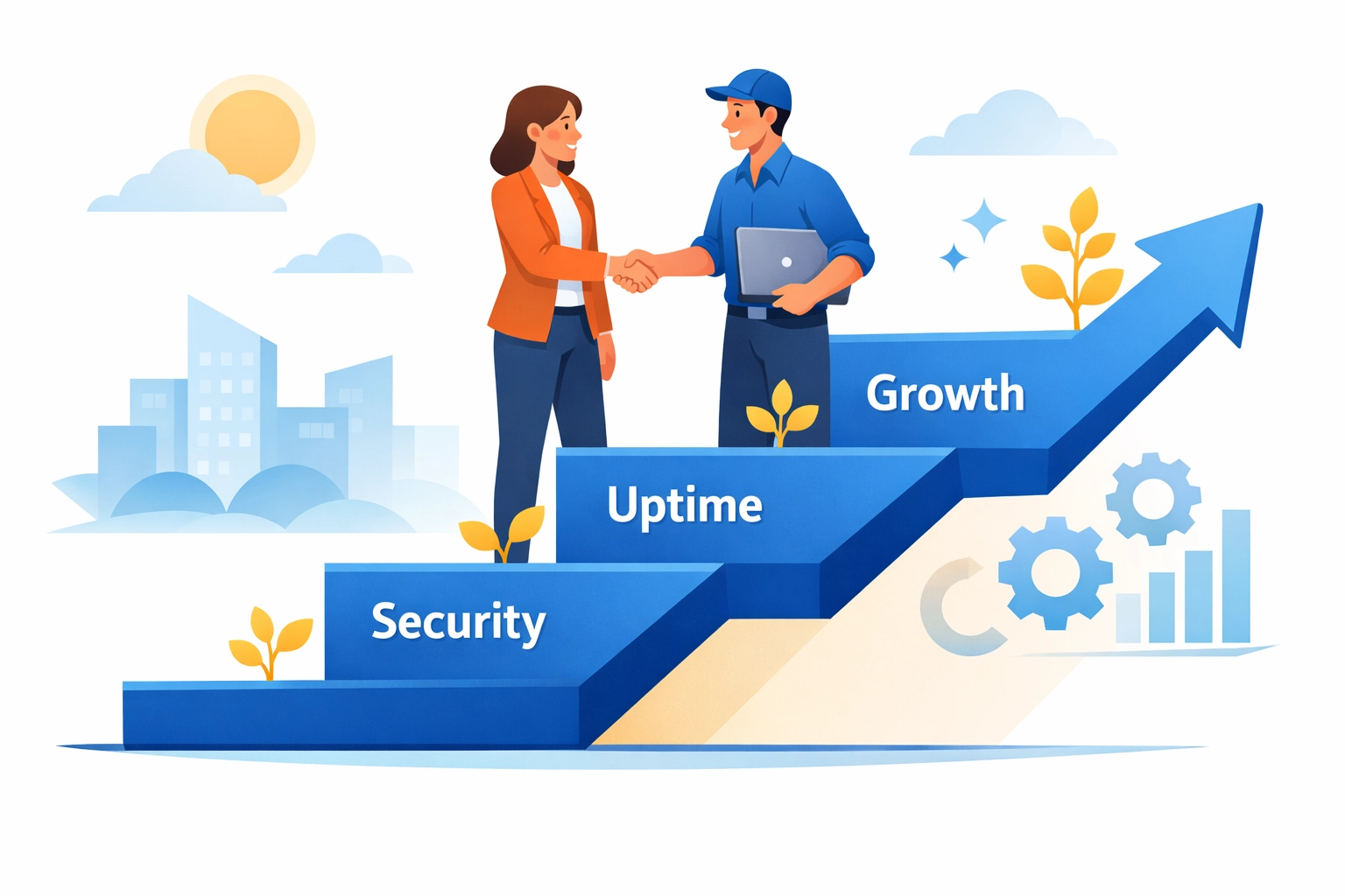 Business owner and IT partner shaking hands to unlock it managed services benefits for business growth.