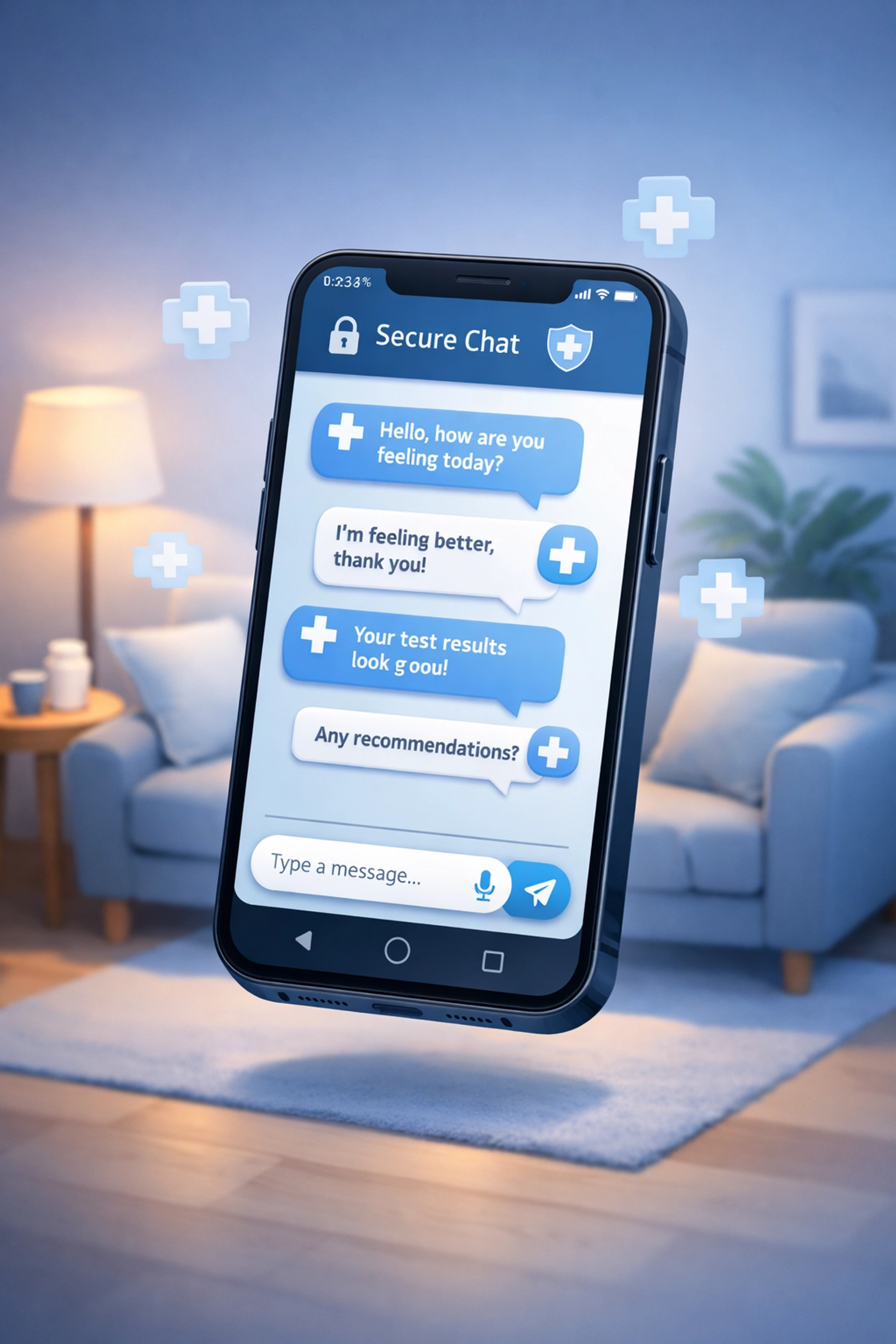 Smartphone displaying secure medical chat messages for online doctor consultation from home