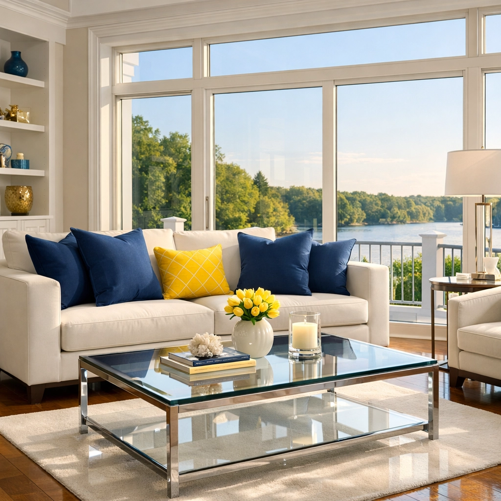 A sparkling clean living room overlooking the Merrimack River after a professional deep cleaning Lowell session.