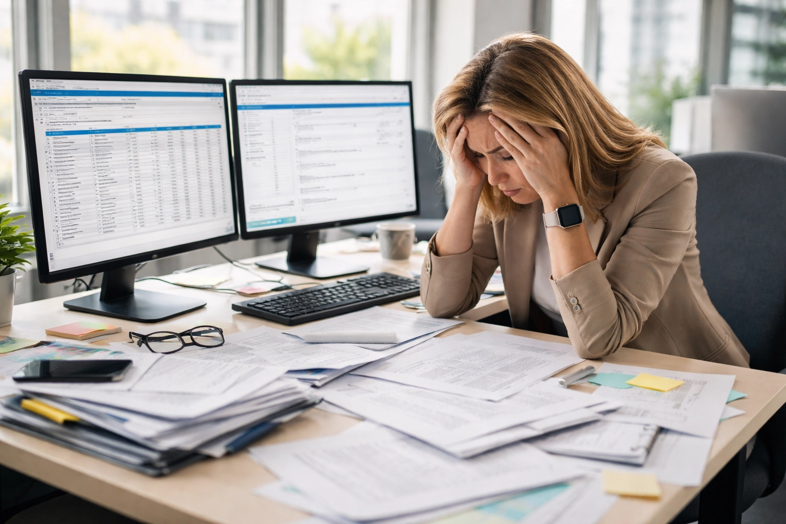 Stressed HR agent at a cluttered desk highlights the inefficiency of traditional HR case management.
