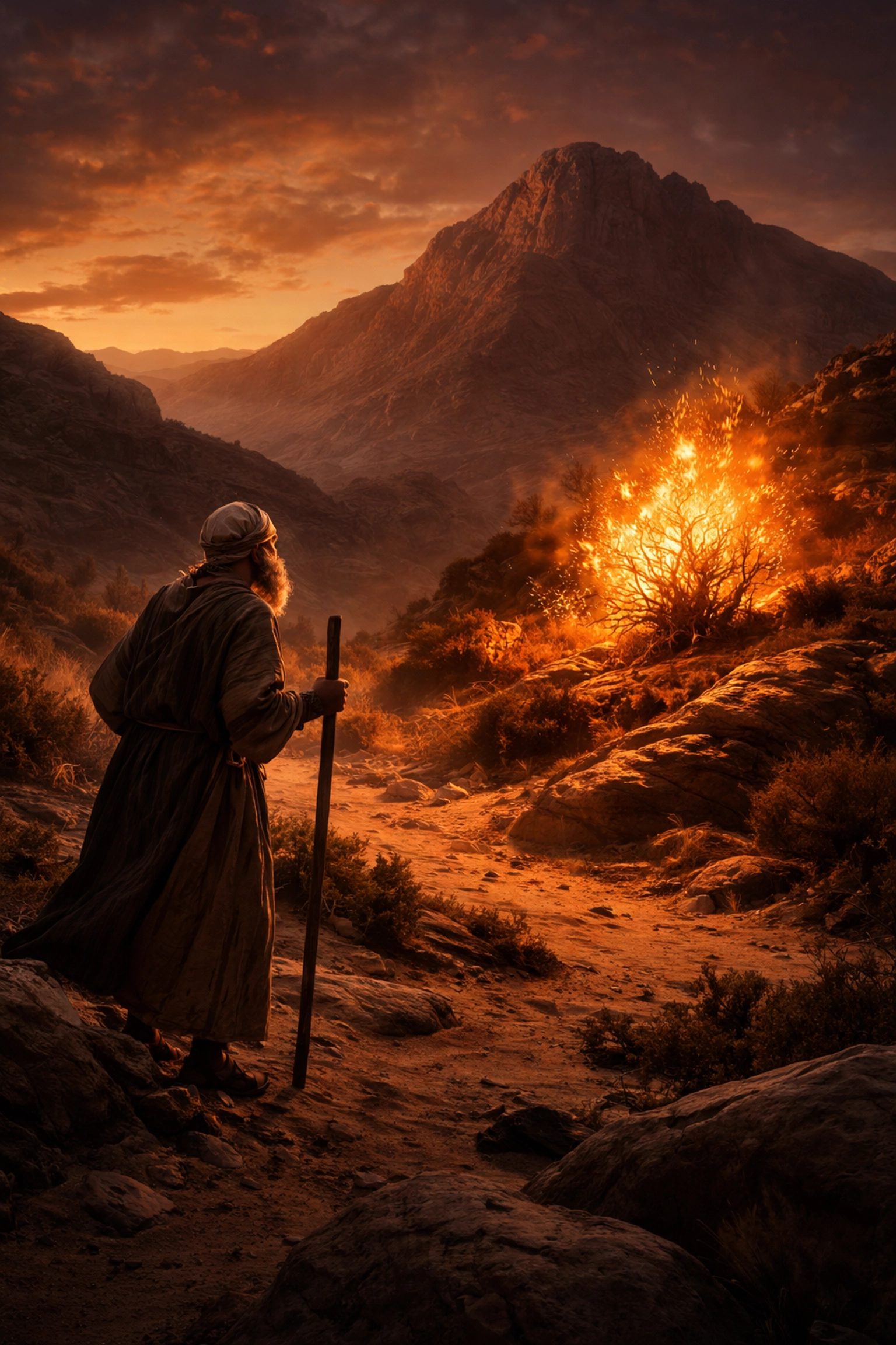 Elderly shepherd Moses gazes at the burning bush engulfed in golden flames on Mount Horeb at dusk, symbolizing divine encounter.