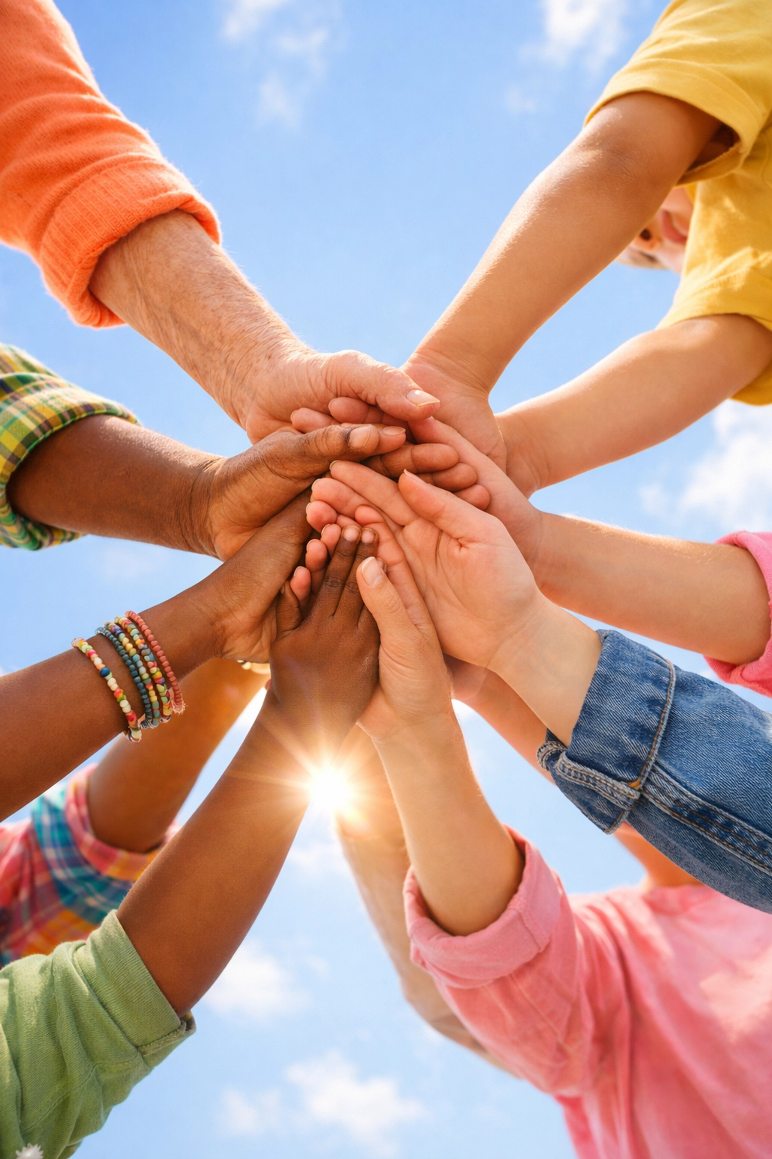 Diverse hands joining together representing nonprofit collaborative fundraising unity