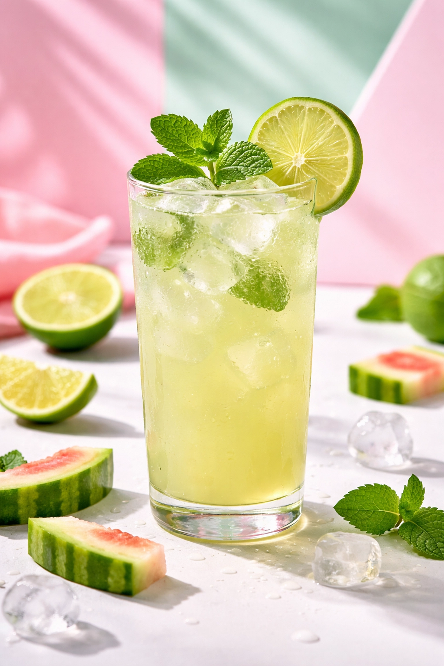 Tall glass of watermelon rind and lime cooler with mint and lime garnish, a refreshing heart-healthy drink.