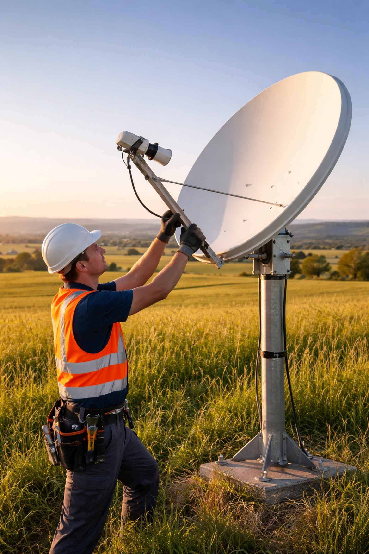 Technician installing a satellite dish in a remote field to enable fast WiFi at rural events