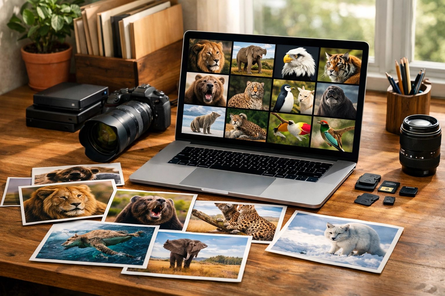 Organized workspace showing curated animal stock photography for zoo marketing library