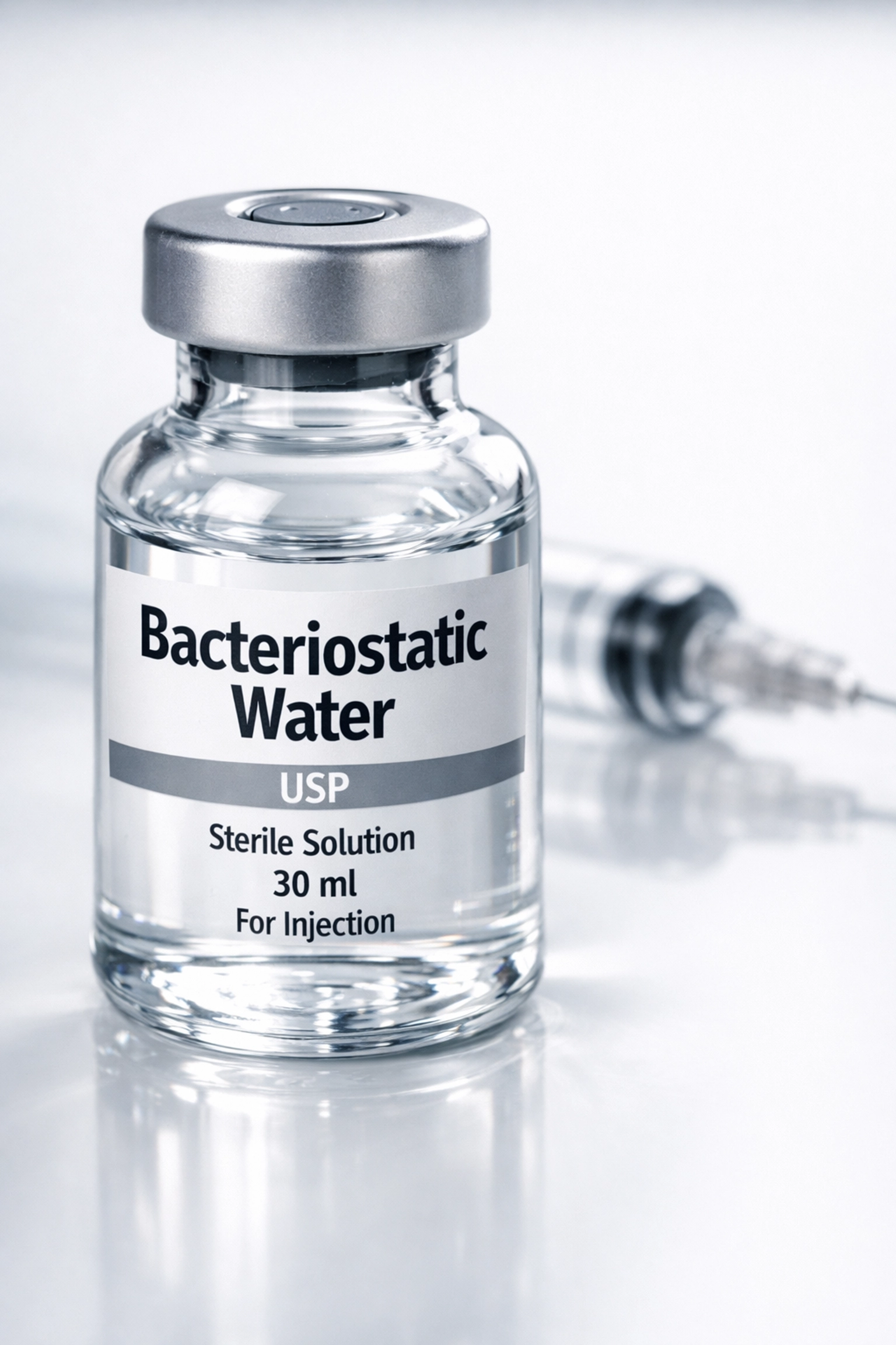 Pristine bacteriostatic water vial for peptide reconstitution on a clean white surface.