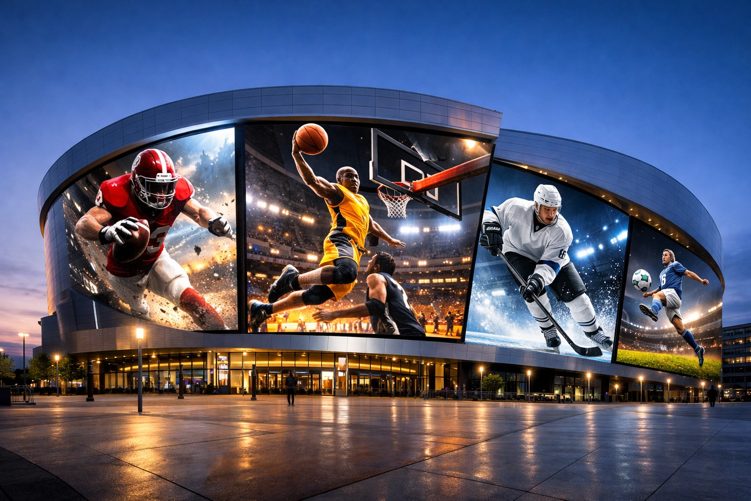 Large-scale 3D digital signage on a sports arena exterior scaling the Dakdan advertising network.