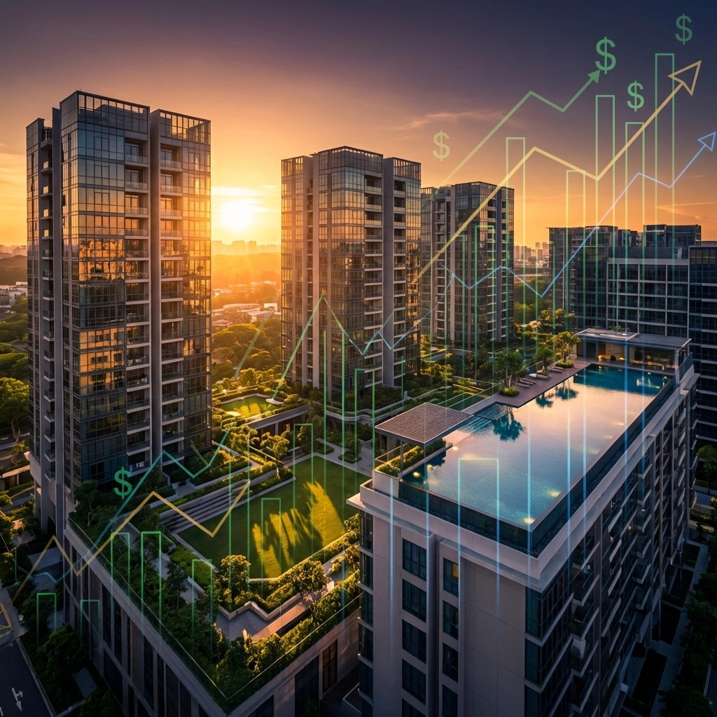 Aerial view of luxury apartments at sunset with financial charts overlay, representing real estate investment returns and passive income