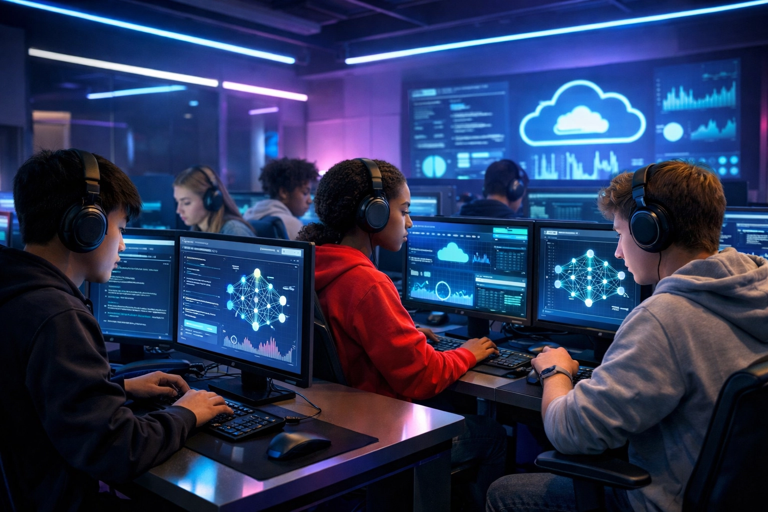 High school students learning AI and cloud computing at EsportsPod gaming stations