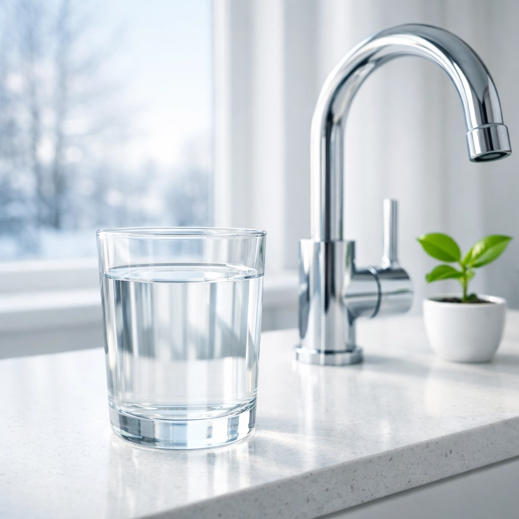 Pure drinking water in a sunlit winter kitchen, illustrating effective water treatment solutions for cold months.