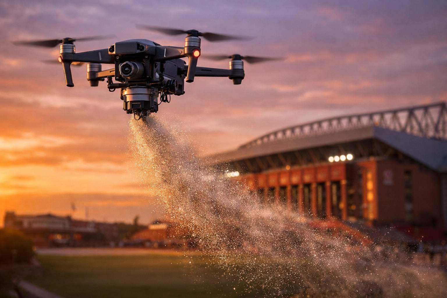 Drone releasing ashes near Anfield Stadium for a Liverpool supporter's memorial ceremony at sunset.