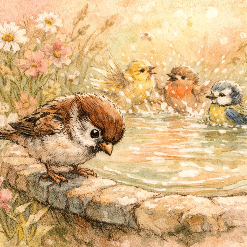 Sparrow Pip at birdbath edge in children's story about water baptism and Holy Spirit