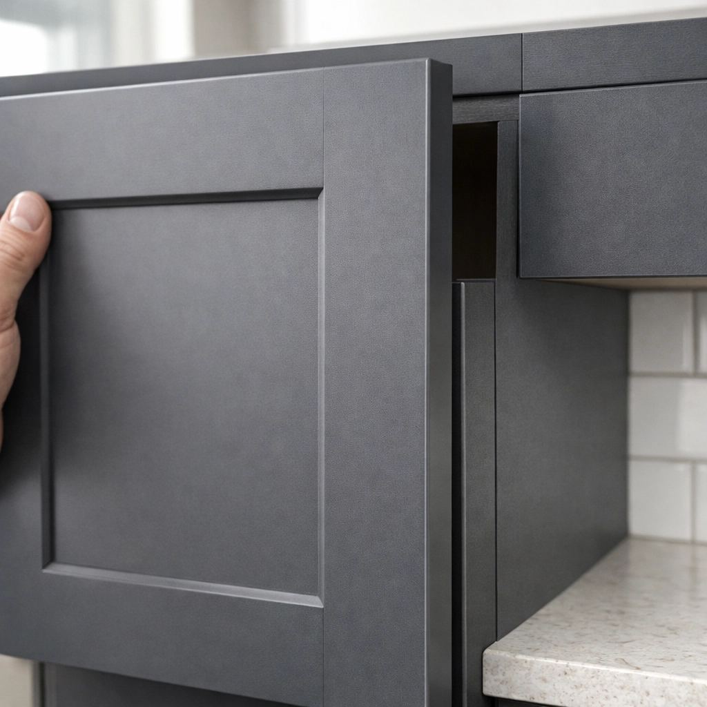 Professional kitchen cabinet refacing showing a grey Shaker door for a high-quality factory finish.