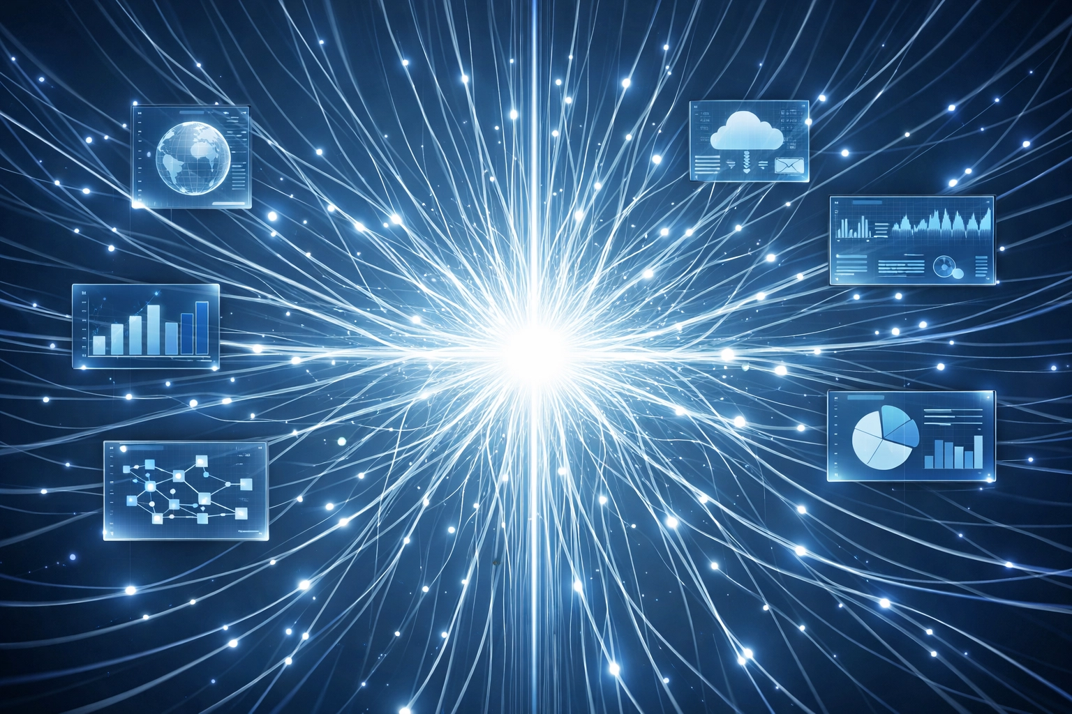 Central AI orchestration hub connecting data modules to represent ChainHQ workflow automation.