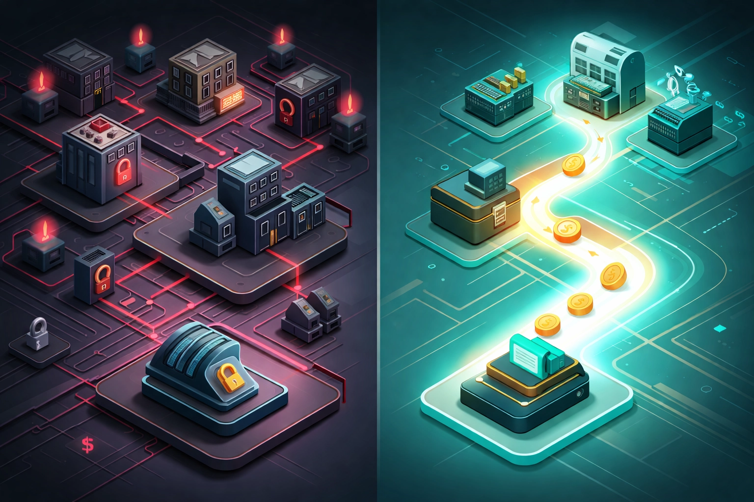 Comparison of payment ecosystems showing traditional intermediaries versus direct self-custody crypto payments for merchants