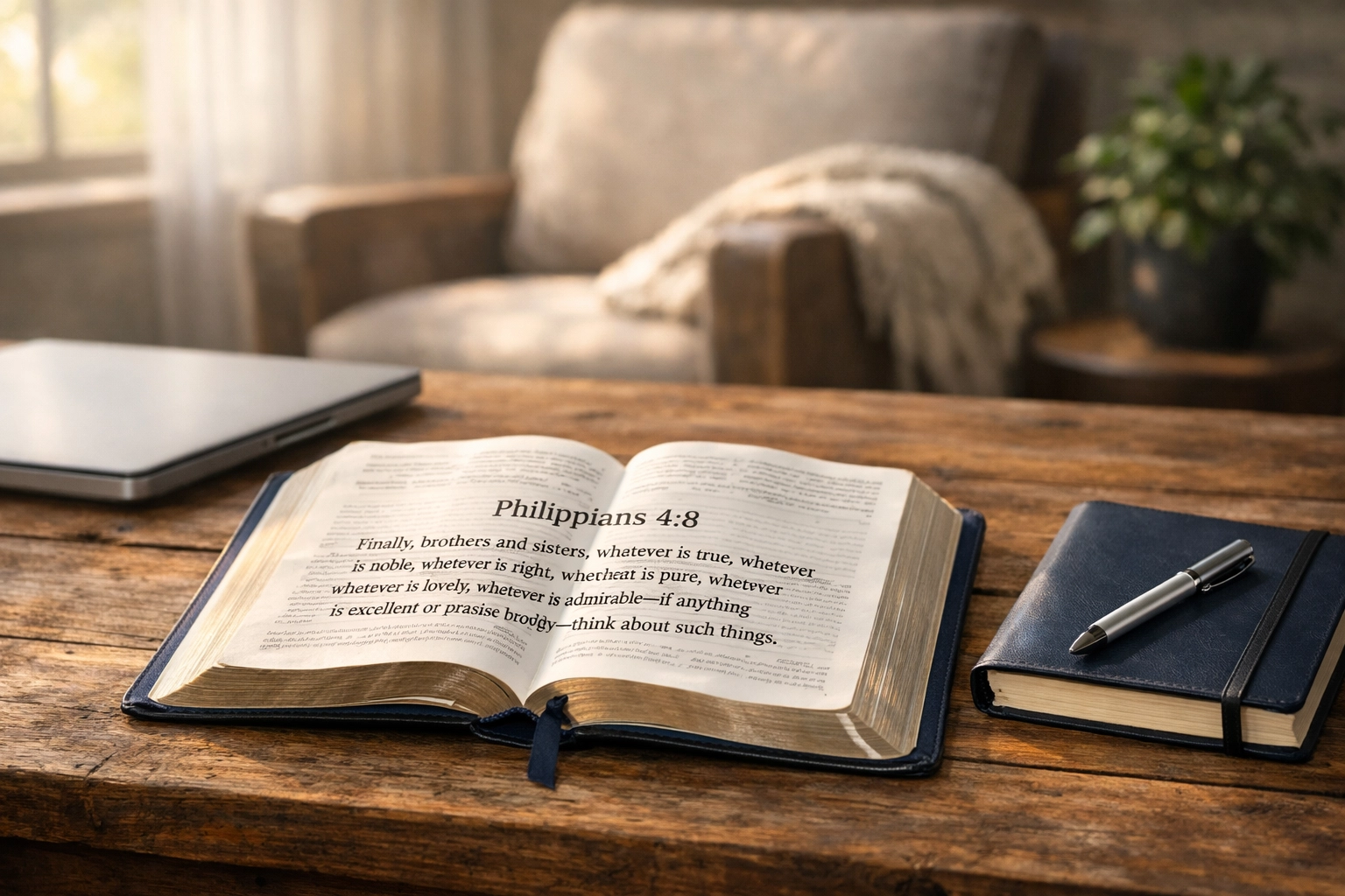 Open Bible on wooden table with laptop and journal in peaceful morning light for devotional time