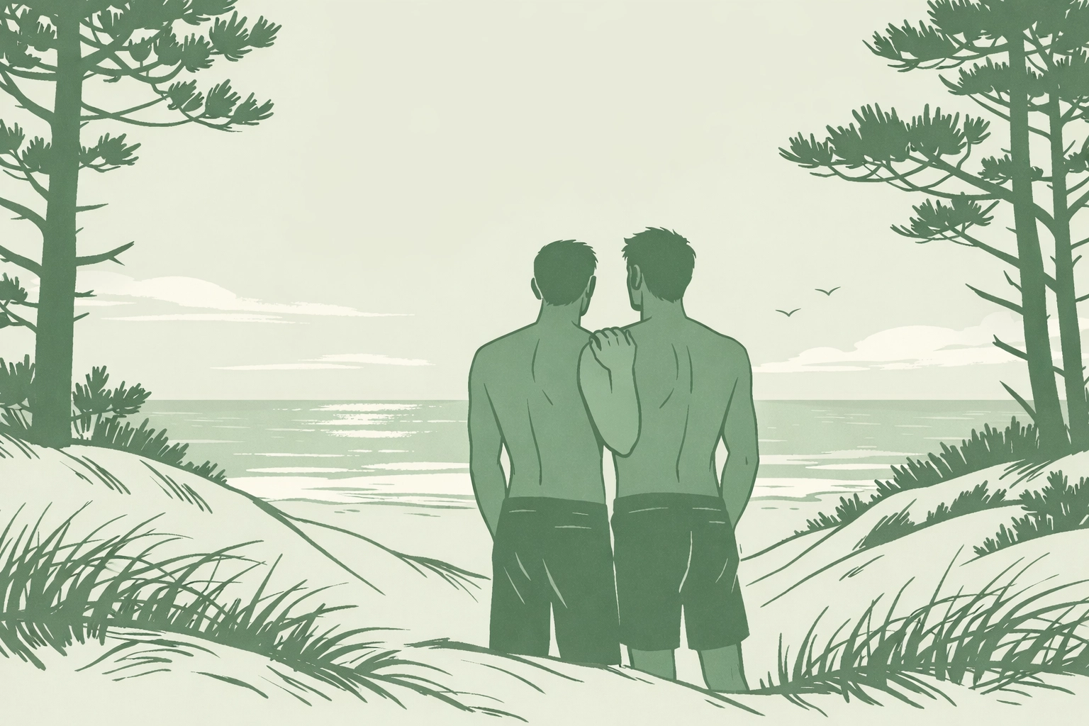 Two men embracing on sand dunes at Beach 19 Costa da Caparica Portugal gay beach destination