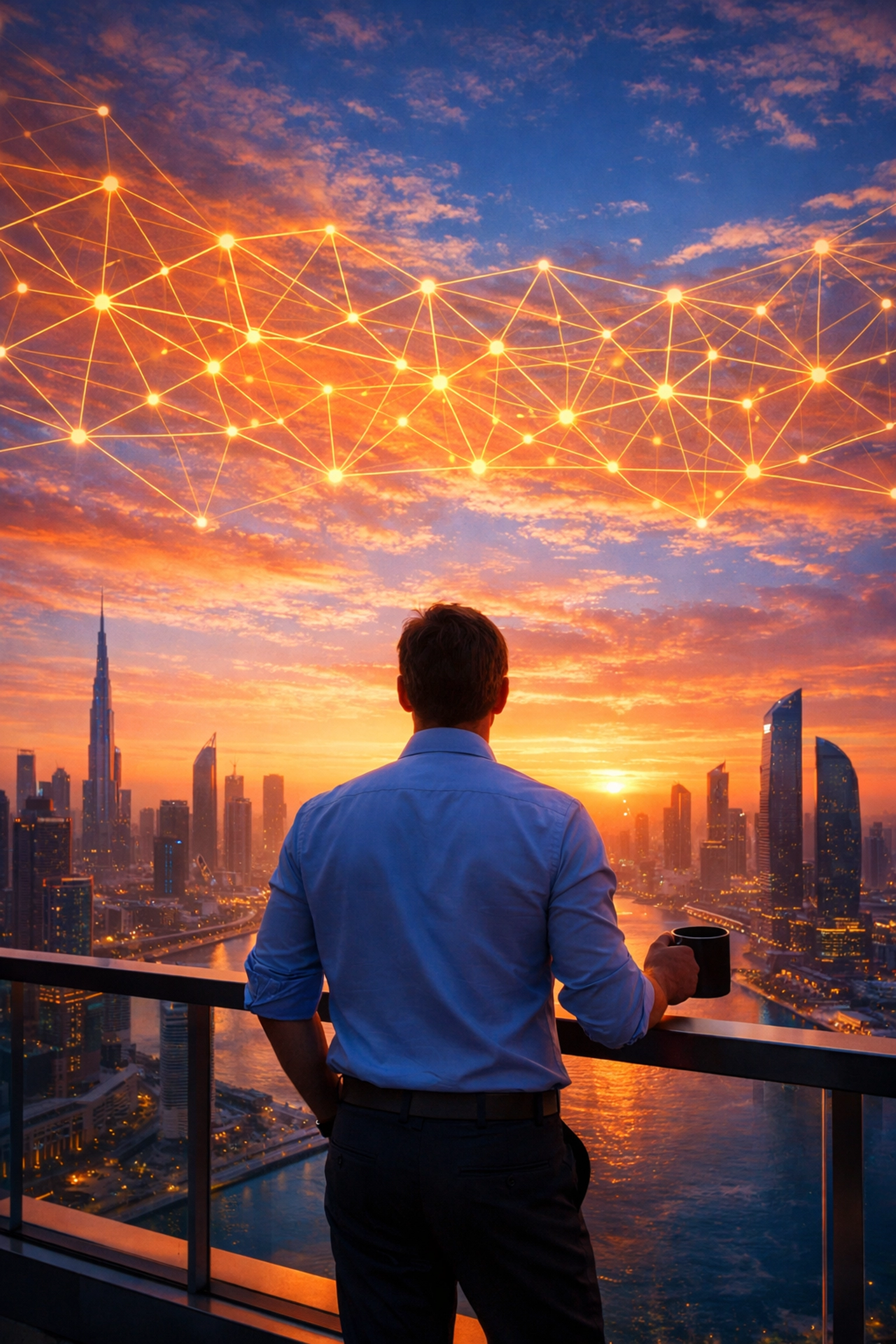 Dirigeant d'entreprise serein observant une ville connectée par un réseau d'intelligence artificielle.