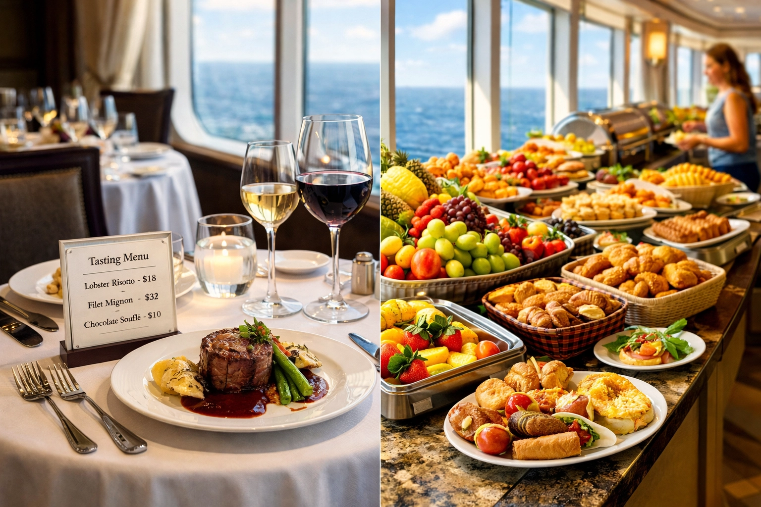 Cruise ship specialty dining room versus buffet showing all-inclusive meal options