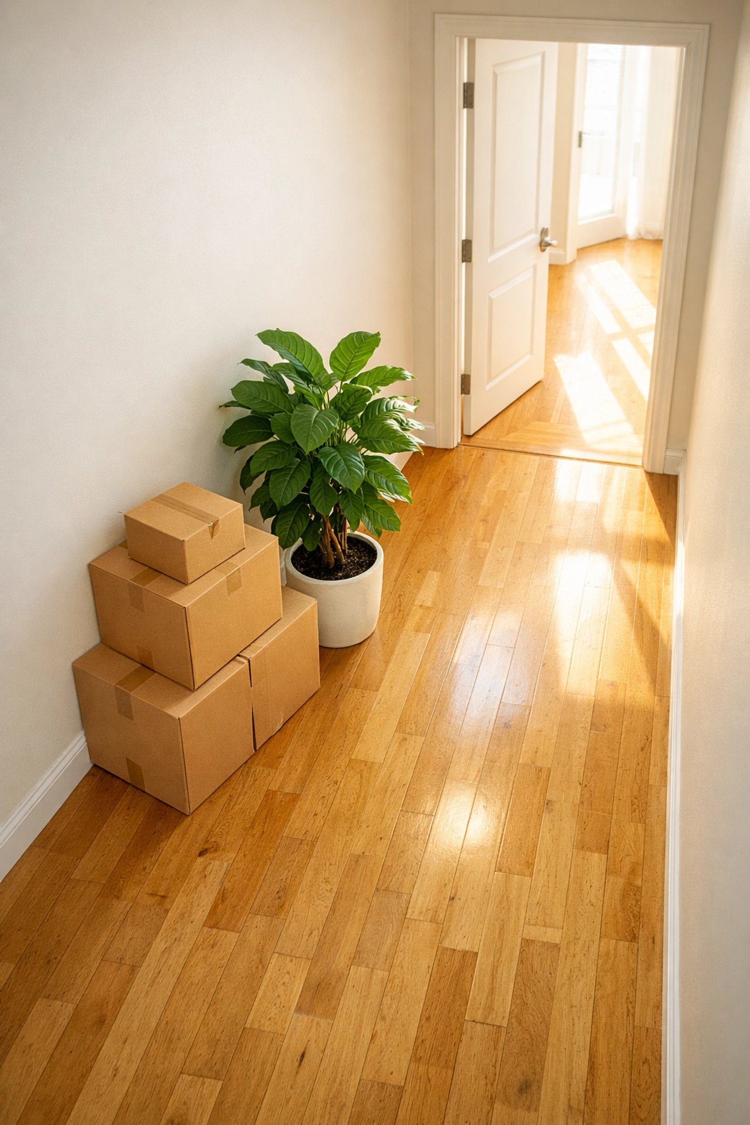 Moving boxes in a bright, modern hallway symbolizing a completed shared ownership sale and fresh start.