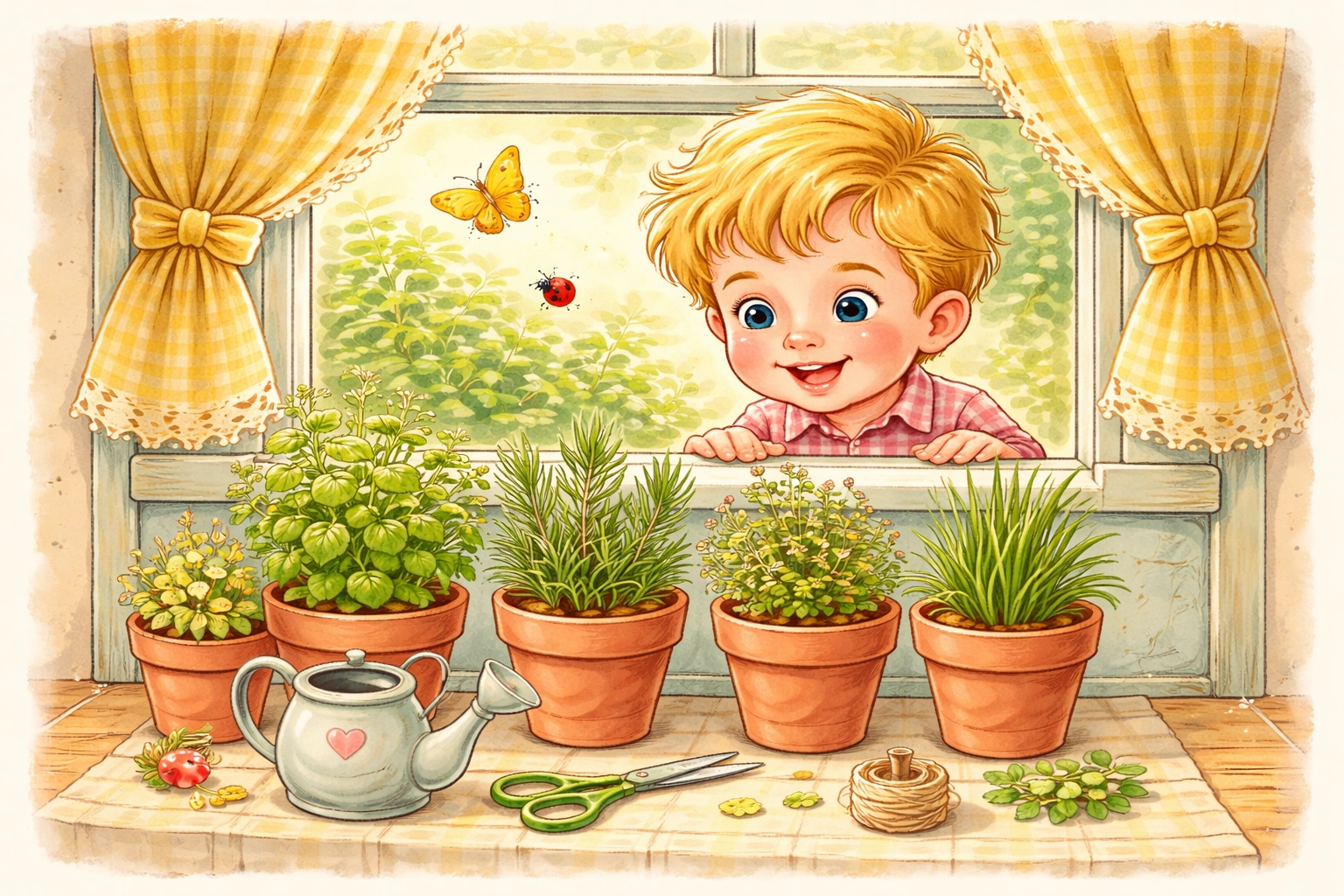 A child admires a sunny kitchen windowsill garden with terra cotta pots of fresh herbs growing indoors.