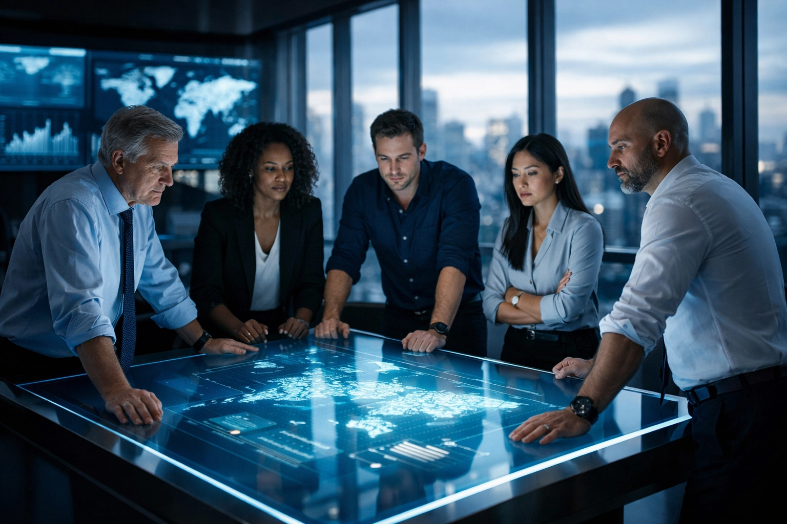 A corporate crisis management team collaborating on disaster response drills in a modern command center.