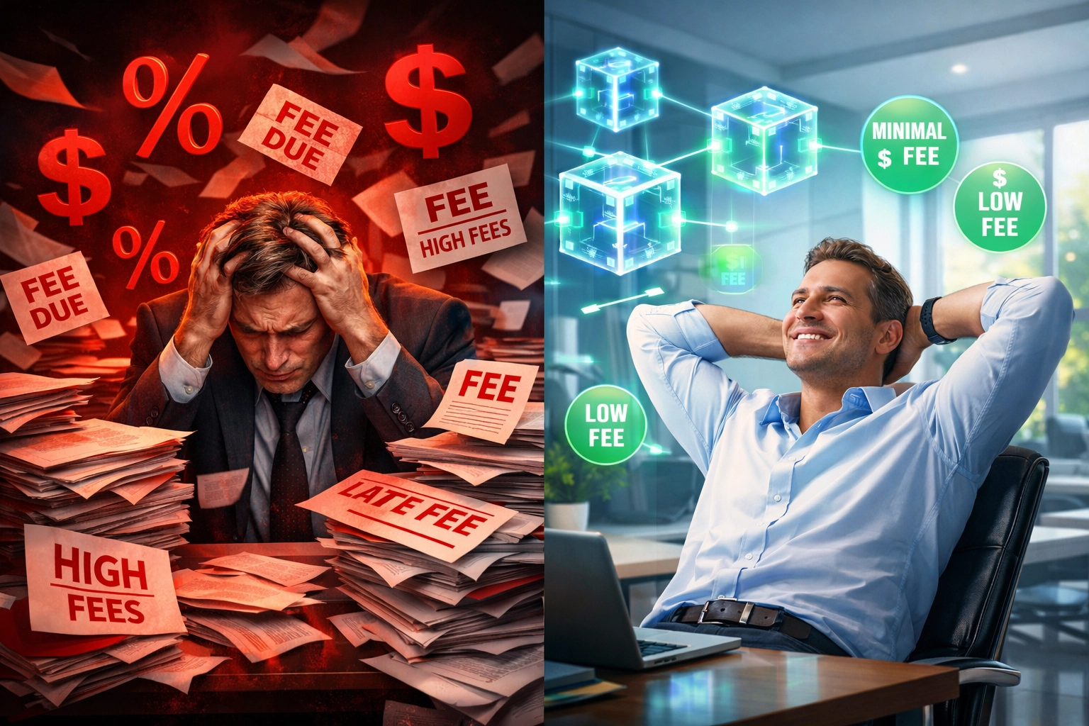 Comparison of high crypto payment processor fees versus Larecoin's low-cost blockchain solution