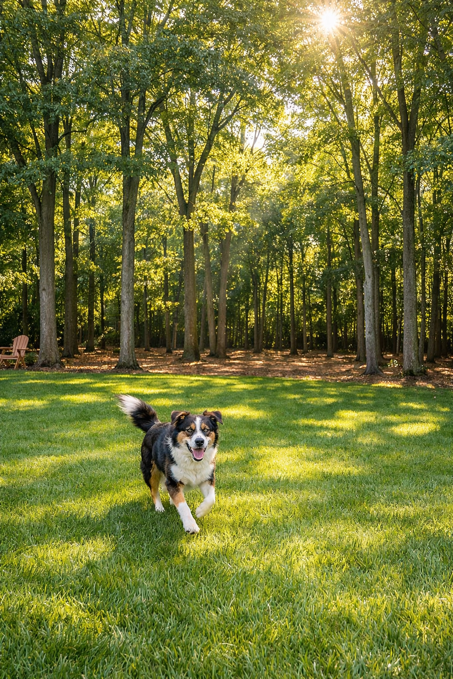 A safe, manicured backyard with a thinned treeline and brush-free lawn where a dog runs freely.