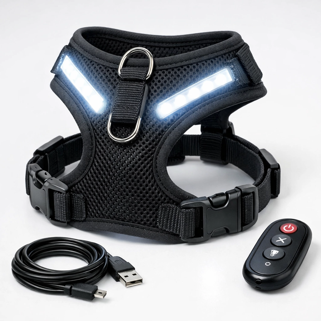 Rechargeable LED dog harness with remote control and USB charging cable