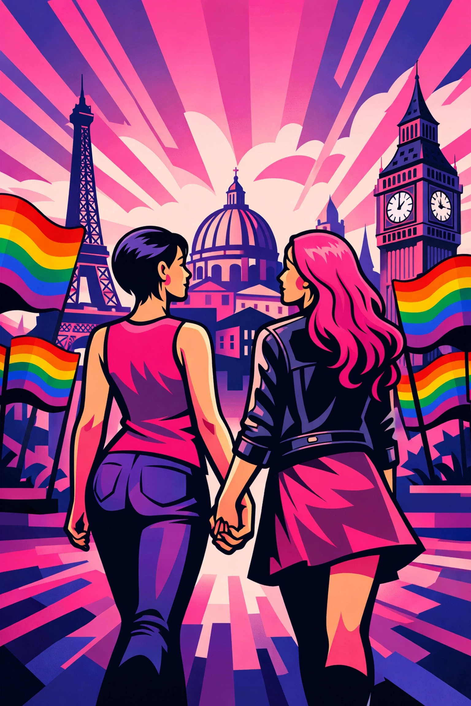 LGBTQ+ couple holding hands in European city with rainbow flags symbolizing marriage equality