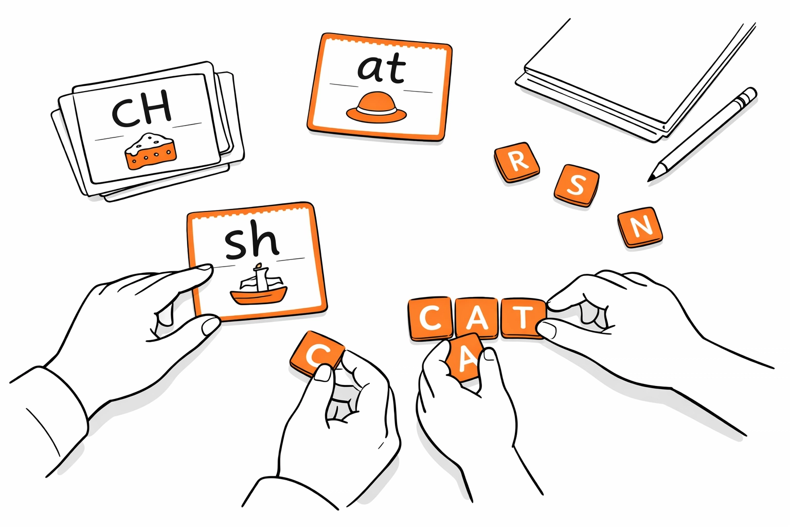 Orton-Gillingham tutor and child's hands working together with letter tiles during reading instruction