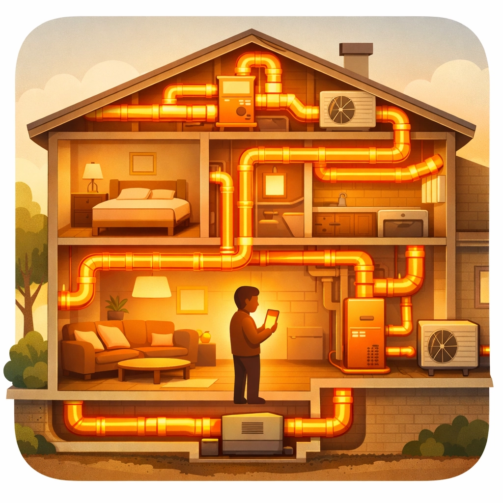 Homeowner viewing professional HVAC construction photo documentation on a mobile contractor job app.