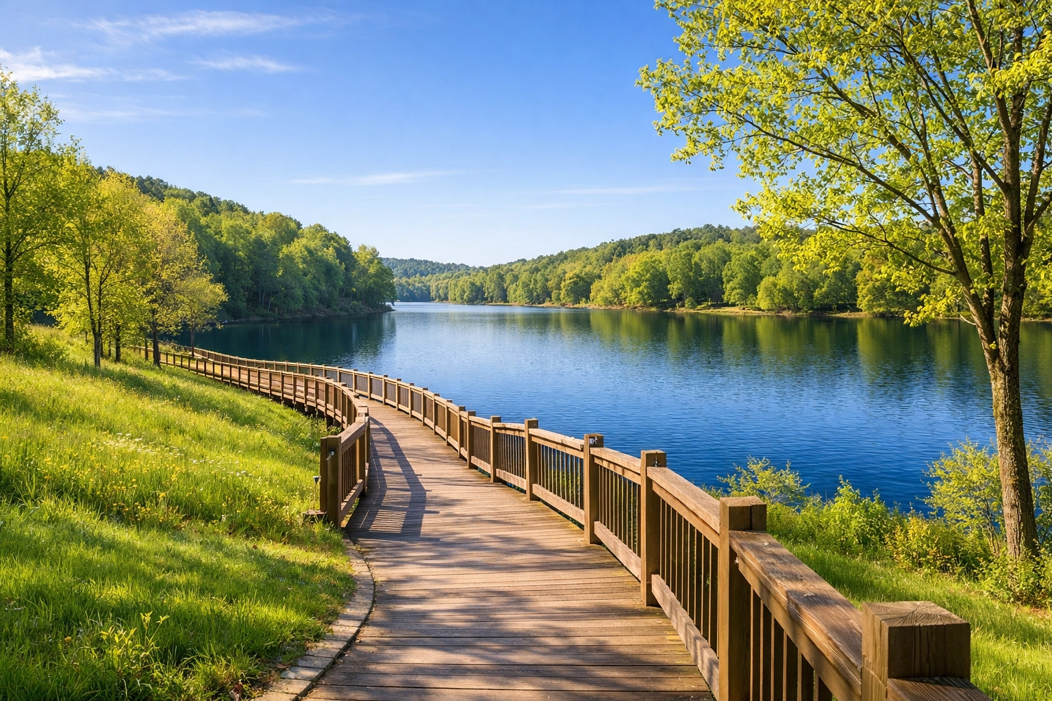 Boardwalk trail at Miller Lake in Little Mulberry Park, a scenic spot in the City of Mulberry, GA.