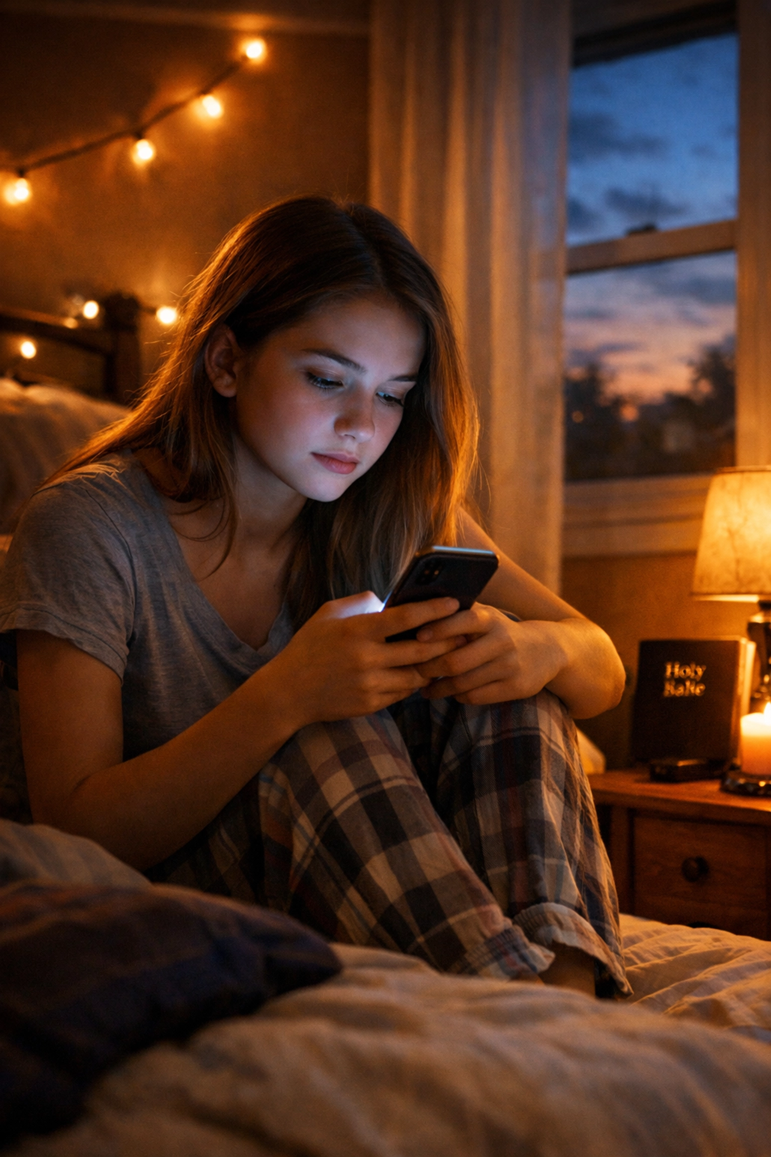 Teen girl scrolling social media on phone at night showing effects of comparison and influencer culture