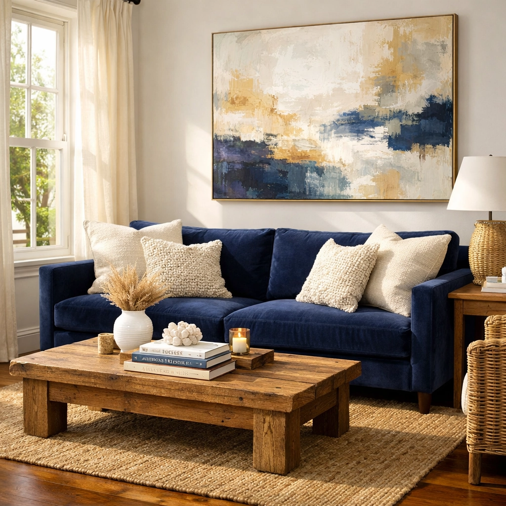 High-design living room in a mid-term rental in Hampton, VA, featuring a navy sofa and coastal decor.