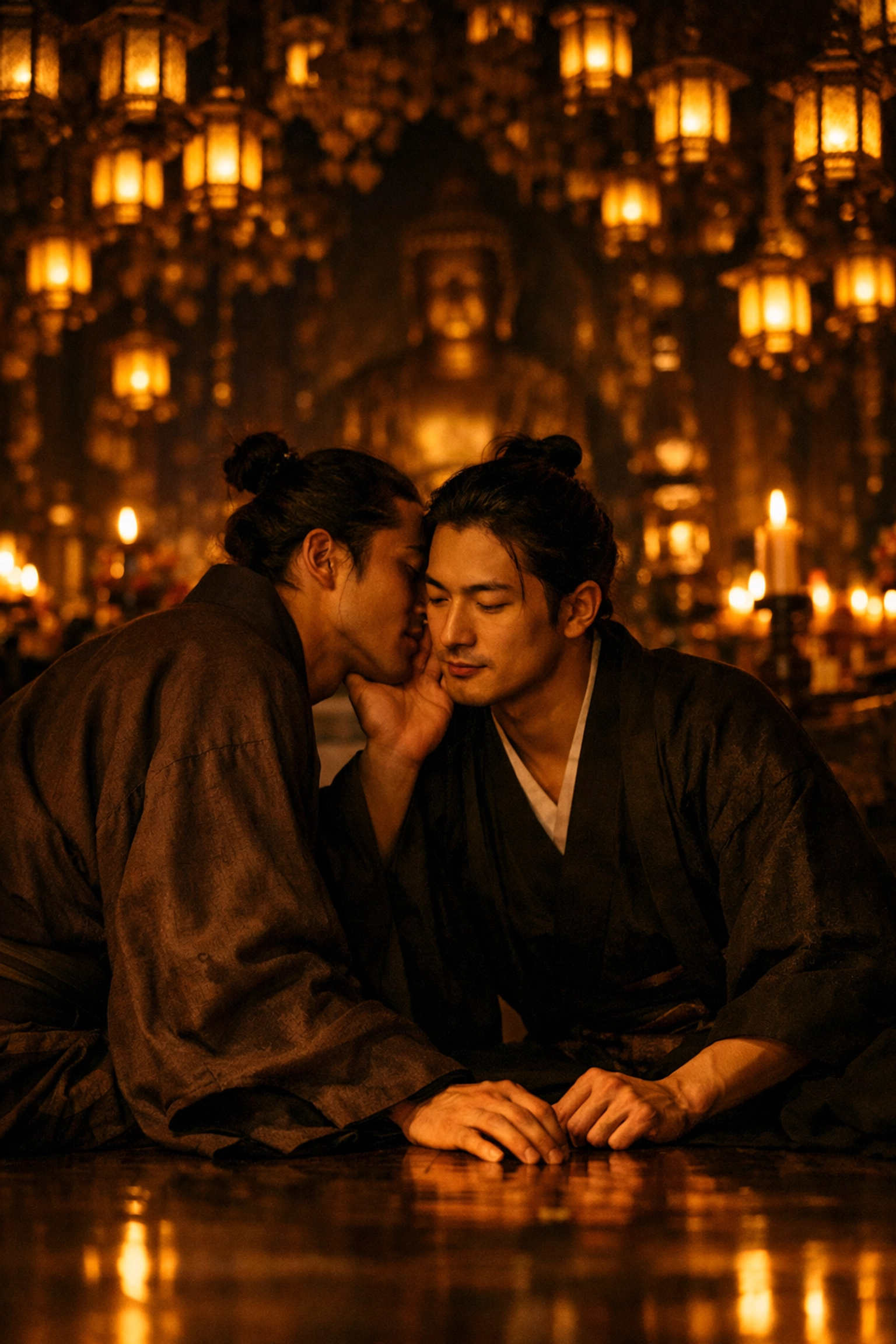 Two men in historical Japanese robes sharing an intimate moment in a lantern-lit Buddhist temple.