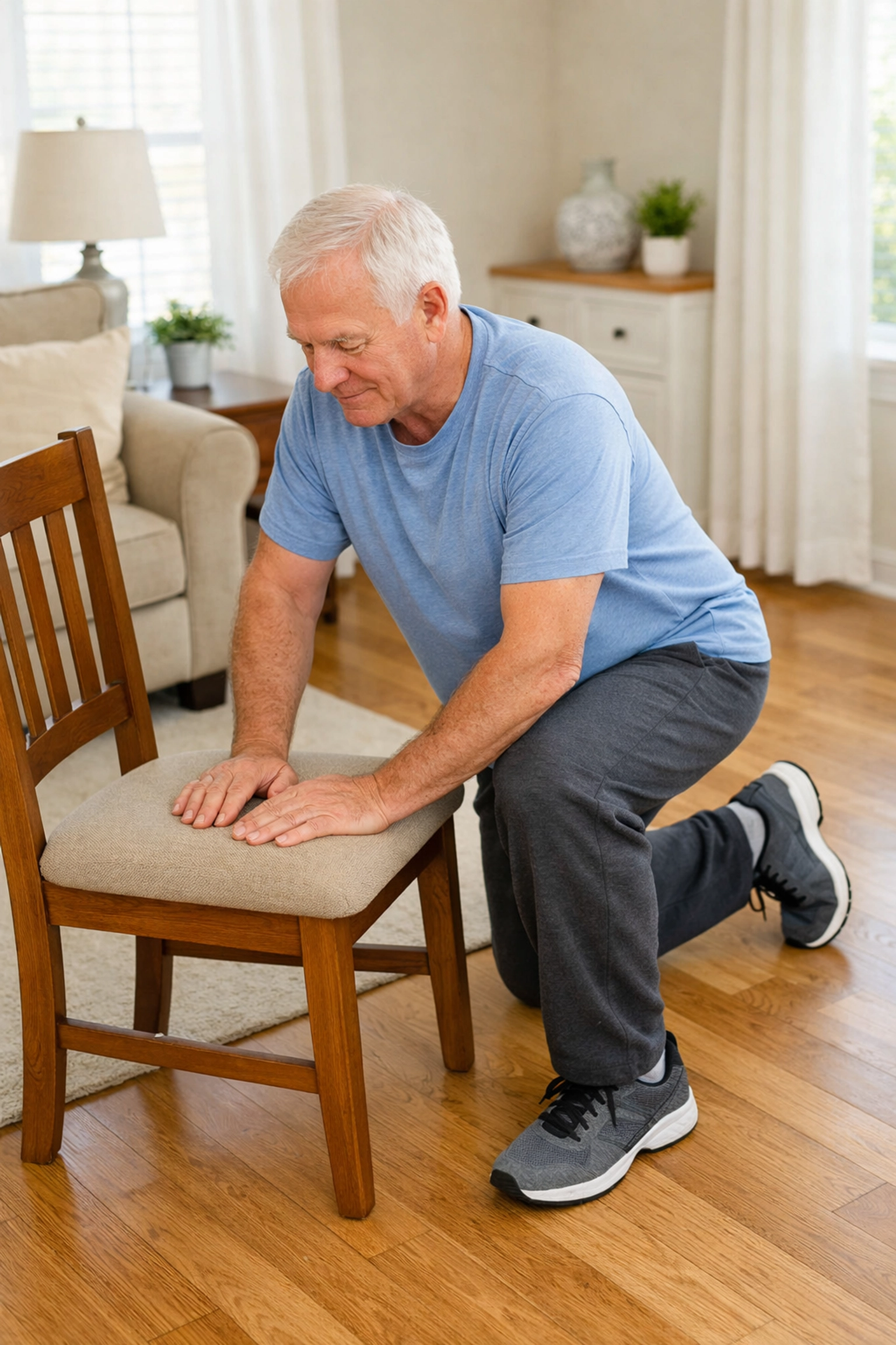 Man demonstrating proper half-kneeling position using chair support to get up after fall